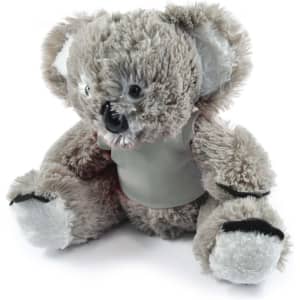 A plush koala toy in gray with a soft body and black accents, featuring a logo on its shirt.