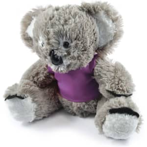 A plush toy koala with gray fur, wearing a purple shirt.