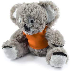 A plush toy koala named Korporate Koala with gray fur and an orange shirt.
