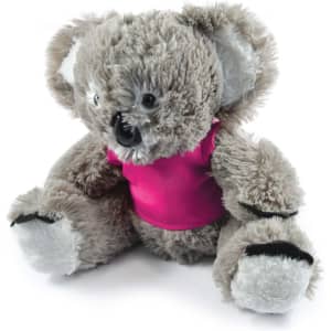 A plush koala toy with a fluffy gray body and a bright pink shirt, designed for fun and games.