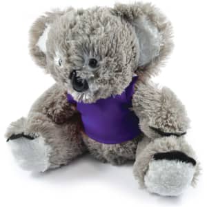 A plush koala toy with gray fur and a purple shirt, featuring black paws and a cute expression.