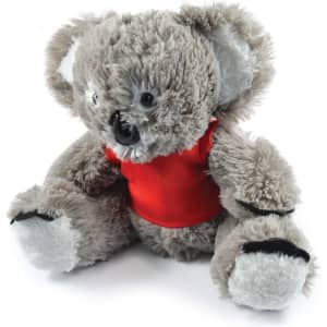 A plush toy koala with gray fur and a red shirt. The toy has a friendly face and plush limbs.