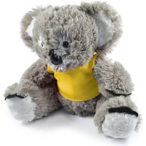 A plush koala toy with gray fur and a yellow shirt, featuring black accents and a friendly expression.