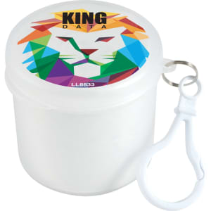 A white container with a colorful lion design on the lid and a clip for attachment. It also features a logo.