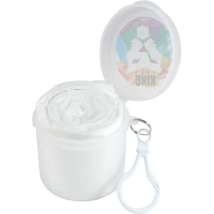 A white container of a product with a lid, featuring a keychain attachment and a colorful logo on top.