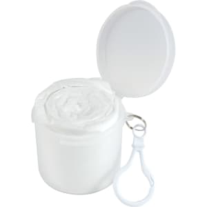 A white Storm Poncho packed in a convenient container with a removable lid and attached clip for easy carrying.