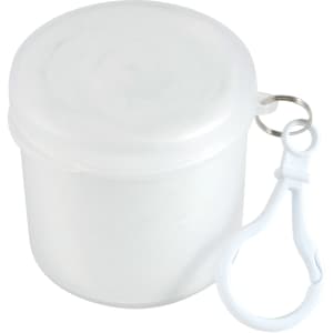 A white, round container with a secure lid and a clip for easy attachment.