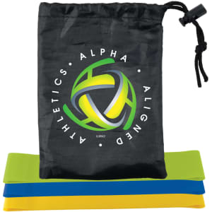 Stamina Resistance Bands in green, blue, and yellow, presented in a black drawstring pouch with a logo.