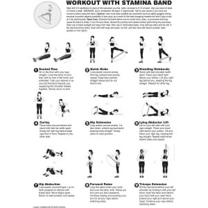A fitness guide featuring exercises with Stamina Resistance Bands, illustrating various movements in black and white.