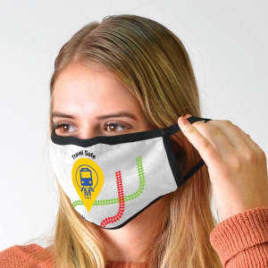 A white cotton face mask with a black border and a logo featuring a yellow location pin and train graphics.