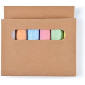A box containing five pieces of colorful sidewalk chalk in pastel shades: pink, blue, green, orange, and yellow.