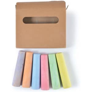 A box containing six pieces of multi-colored chalk: pink, orange, blue, green, and yellow. The box has a window cutout.