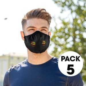 A man wearing a black face mask with a logo, representing a pack of five cooling face masks.