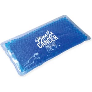 A blue gel bead hot and cold pack in a clear plastic pouch, featuring a logo.