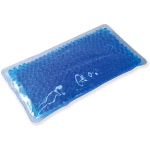 A gel bead hot and cold pack in a rectangular shape, featuring blue gel beads inside a clear plastic exterior.