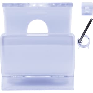 A transparent phone holder in a clear design with a side attachment and an adjustable clip.