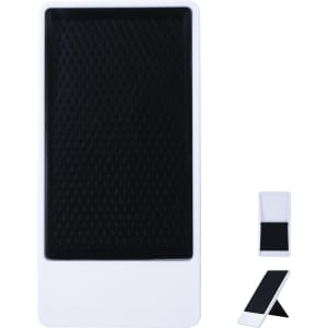 A white phone holder with a textured black surface, featuring a collapsible stand for stability.