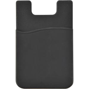 A sleek black phone wallet designed to attach to the back of a smartphone, featuring a pocket for holding cards or cash.