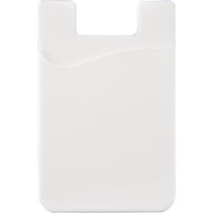A white phone wallet with a textured finish and a curved pocket design, featuring a small logo.