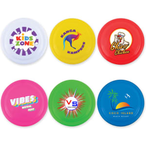 A set of colourful frisbees featuring various designs, including logos and playful graphics in blue, yellow, red, green, and white.