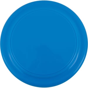 A blue frisbee with a smooth surface, featuring a circular design and a branding logo.