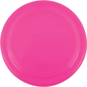 A pink frisbee with a smooth surface and a circular shape.