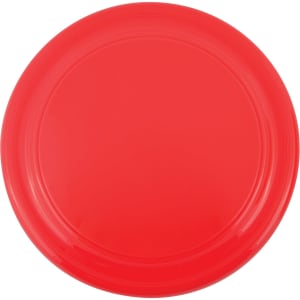 A red frisbee with a smooth surface and rounded edges.