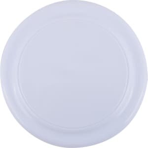 A white plastic plate with a smooth surface and subtle rim detail.