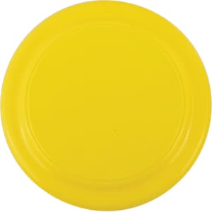 A bright yellow frisbee featuring a smooth, rounded surface.