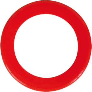 A red donut-shaped flyer designed for promotional use.