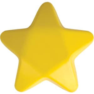 A yellow star-shaped stress reliever with a smooth surface and a slight shine. It has a branding logo on it.