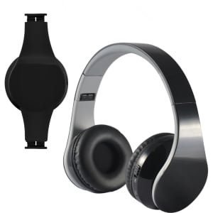 A black pair of Hyper Bluetooth headphones with a sleek design and soft ear cushions, accompanied by a zipper case.