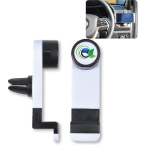 A white and black car vent phone holder with a circular logo, designed to securely hold smartphones in vehicles.