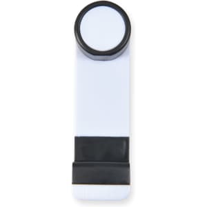 A car vent phone holder with a sleek white design and a black clip section for attaching to a vent.
