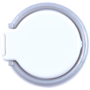 A circular phone grip and stand in white and gray, featuring a logo.
