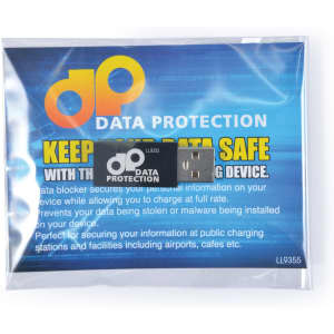 A data blocker USB device in a clear packaging featuring a colourful backing with a logo.