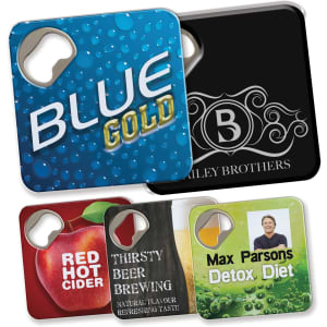 A variety of bottle openers and coasters in colors like blue, black, red, and green, featuring different designs and logos.