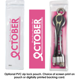 A promotional pouch containing a black Kinetic Round Glow Cable, featuring multiple charging tips and a branding logo.