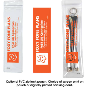 A transparent PVC zip lock pouch containing a backing card and keychain accessories, featuring orange and white colors.