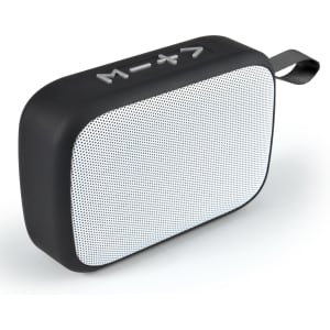 A rectangular black and white portable speaker with a textured surface and a carrying strap.