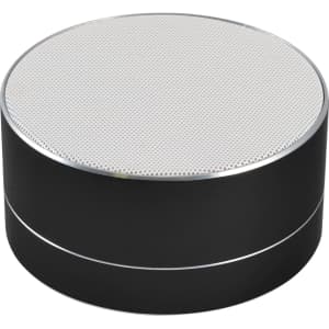 A round black Bluetooth speaker with a perforated silver top, designed for portability and stylish audio delivery.
