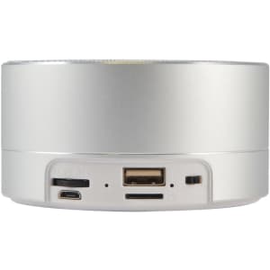 A Bluetooth speaker featuring a sleek silver design with various ports, including USB and audio input.