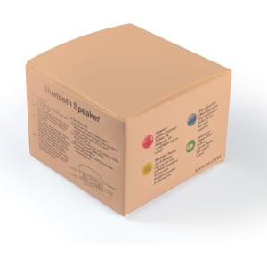 A beige box containing a Bluetooth speaker, featuring a logo and various product details on the sides.