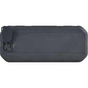 A water-resistant speaker with a rugged design, featuring ports for connectivity.