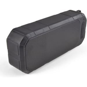 A rectangular black water-resistant speaker with a textured surface and a speaker grille. It features a logo.