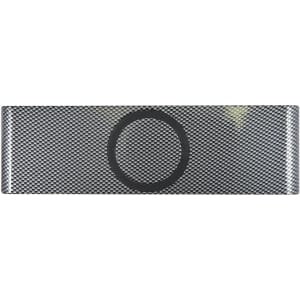 A sleek grey speaker with a textured surface, featuring a circular area for inductive charging.