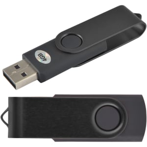 A swivel USB flash drive featuring a sleek black design with a rotating cover and a large button for easy use.