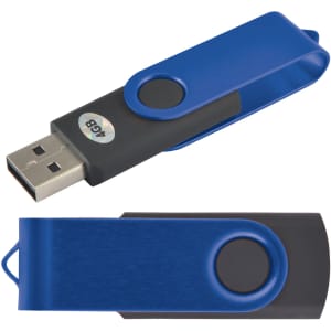 A swivel USB flash drive featuring a blue and black design, with a rotating cover for easy access to the USB connector.