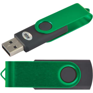 A green swivel USB flash drive with a black clip and a circular button for easy access. It features a logo on one side.