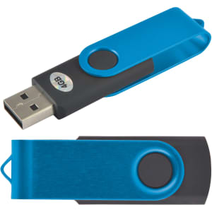 A Swivel USB Flash Drive in blue and black with a clip design. The drive features a shiny blue casing and a silver logo.